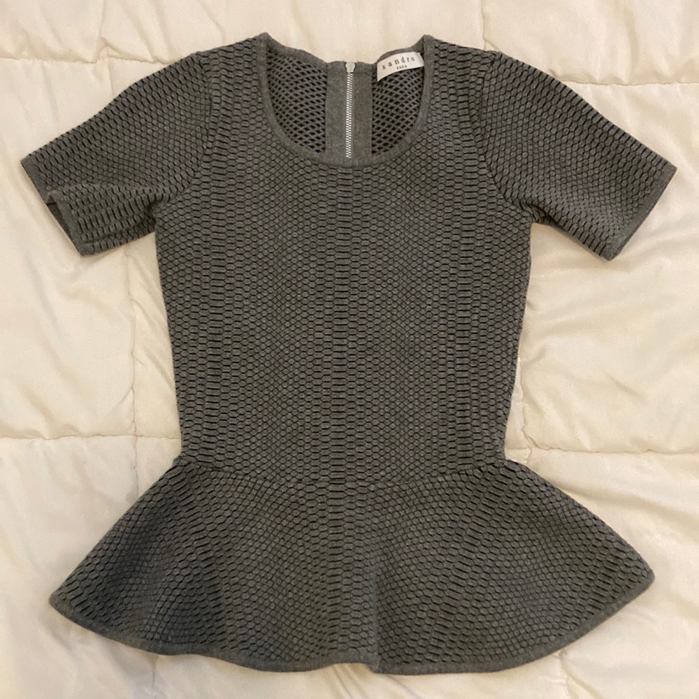 Sandro Paris Grey Snakeskin Textured Peplum Short Sleeve Top Size S (2-4)